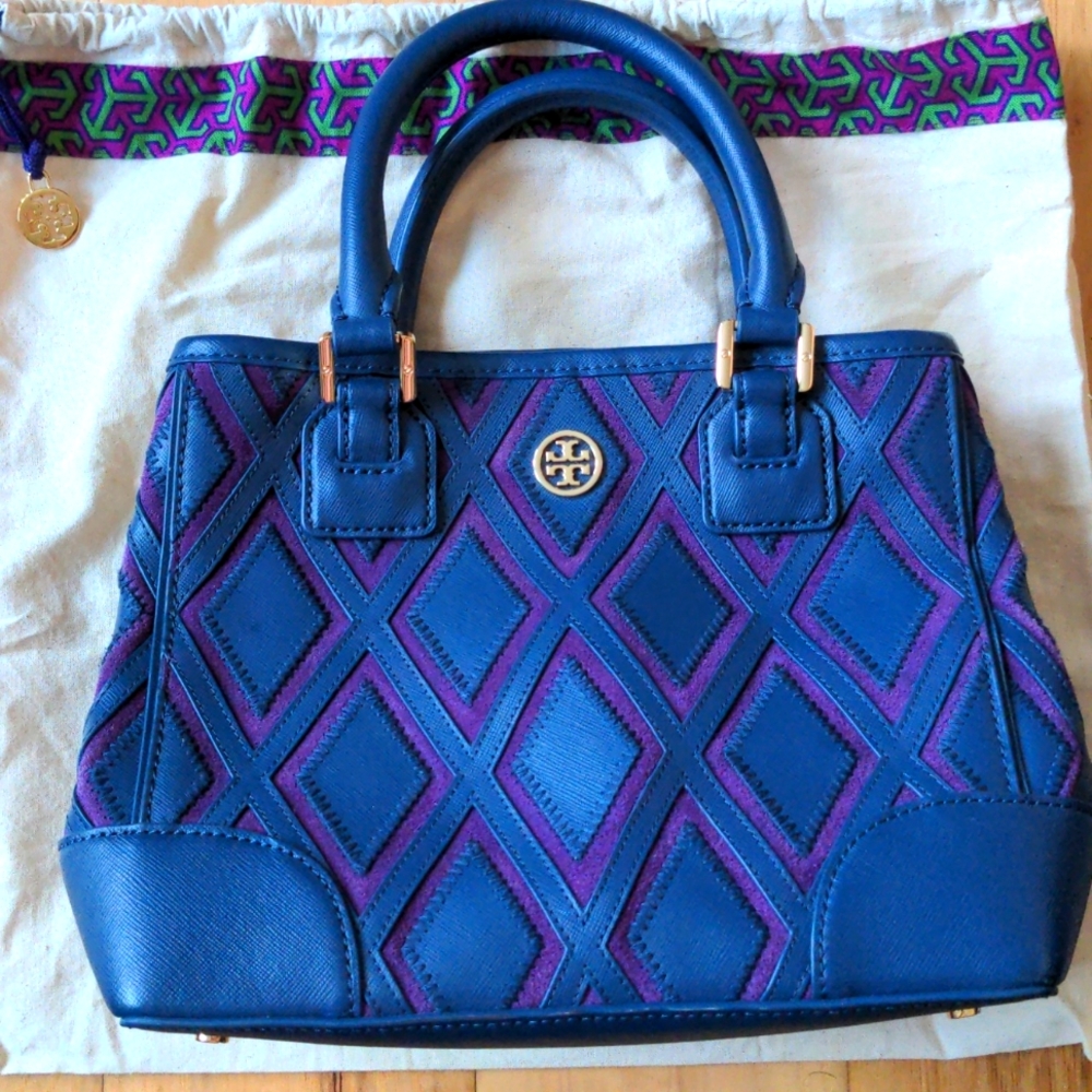 Tory Burch Geometric Patchwork Leather Suede Purp… - image 1